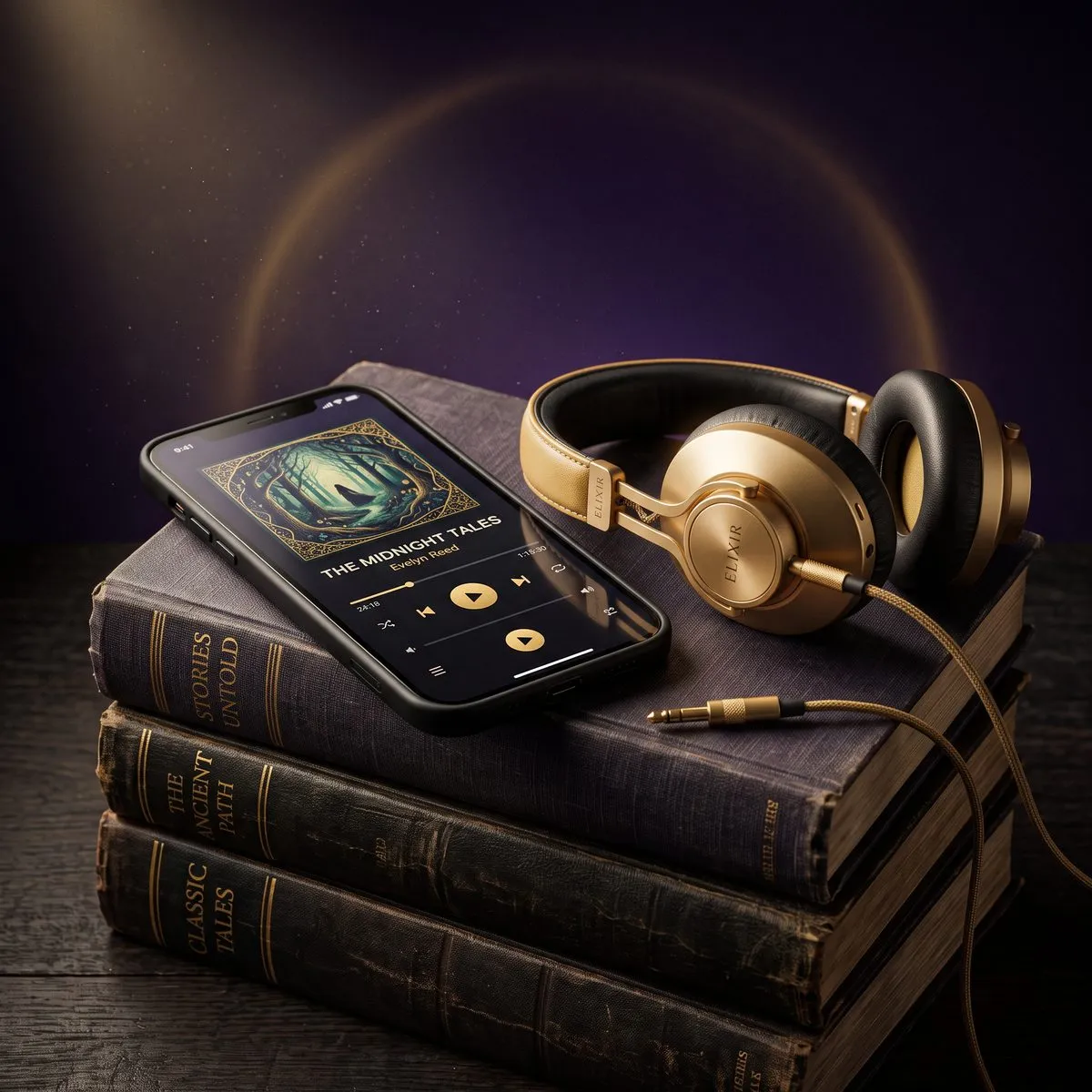 Phone playing an audiobook next to headphones on a stack of hardcover books