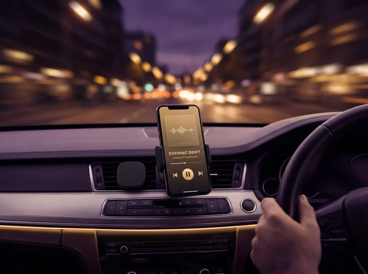 Phone mounted on a car dashboard playing an audiobook during an evening drive
