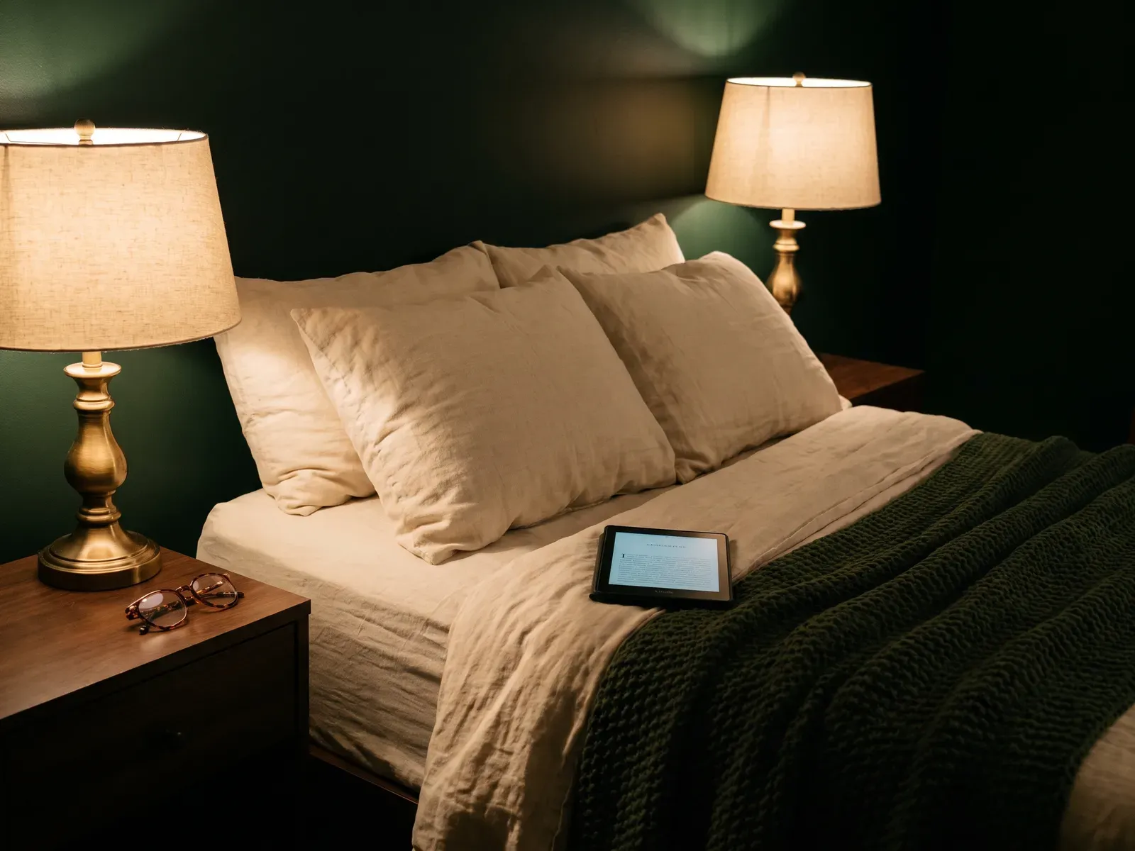 Ebook reader in bed next to a warm bedside lamp